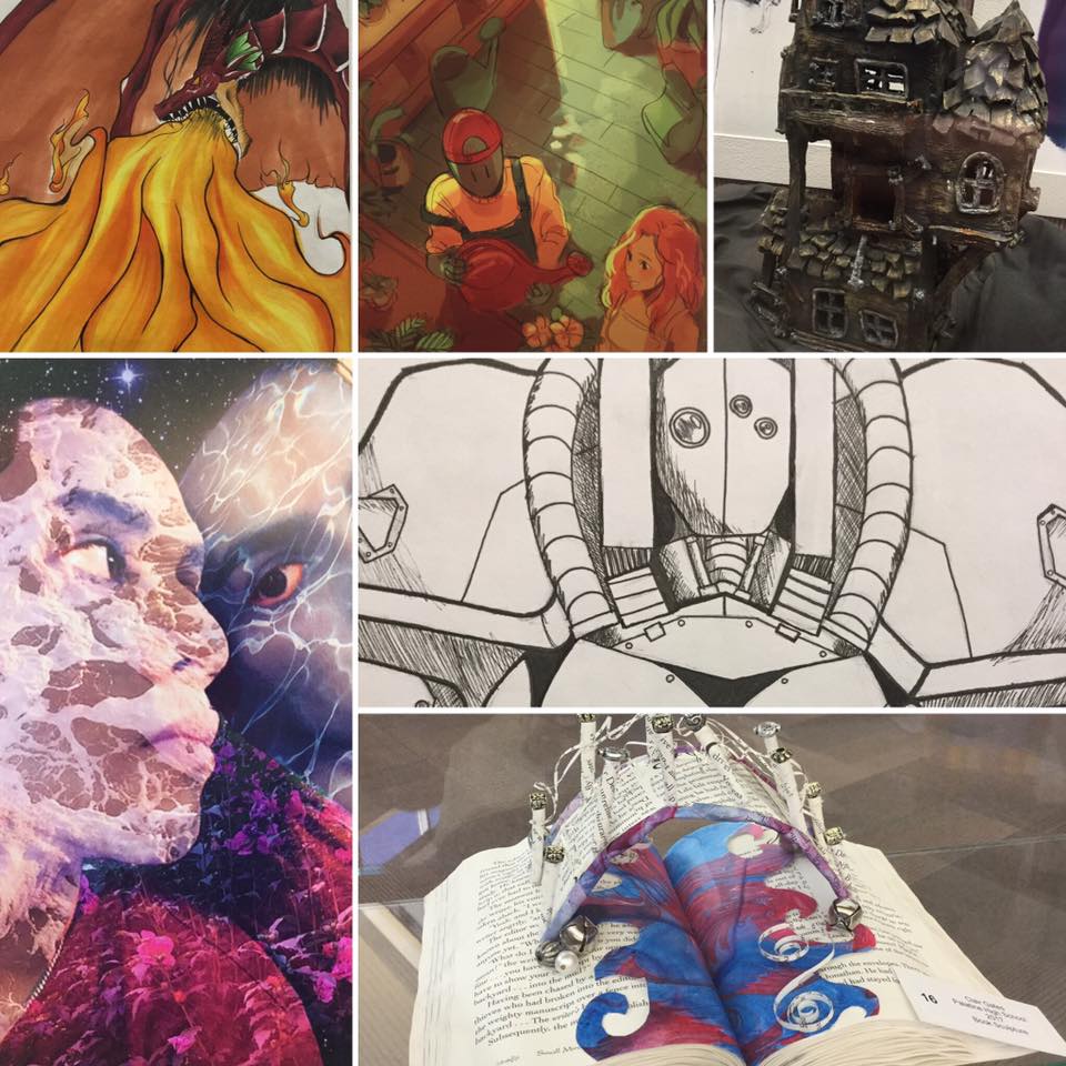 Photos of several pieces of artwork from Palatine High School students