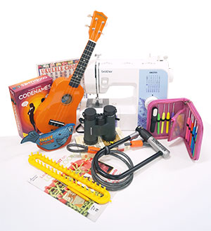 a ukulele, sewing machine, bike lock, loom kit, crochet needles, binoculars, and games