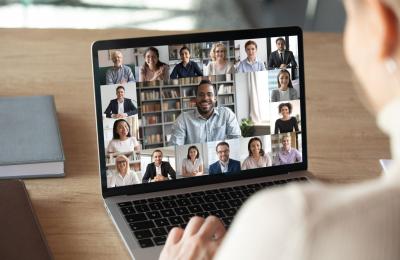 Snapshot of a video meeting on a laptop computer