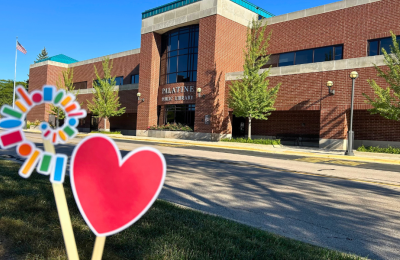PLD Logo and red heart outside of Main Library