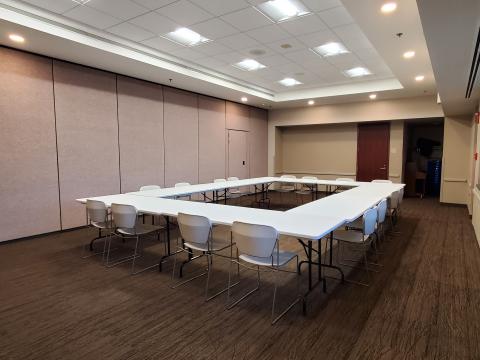 meeting room with table set up in a square