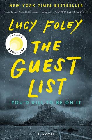 Image: book cover of an island at sea with a house on top. Text: The Guest List by Lucy Foley