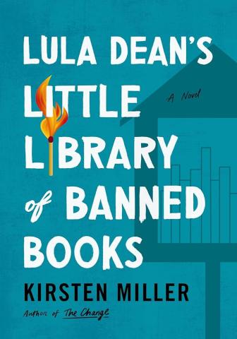 Text: Lula Dean's Little Library of Banned Books Image: Outline of free little library stand. The i in library is a lit match