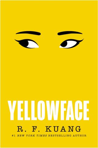 Text: Yellowface by R.F. Kuang Image: A set of eyes and eyebrows on a yellow cover