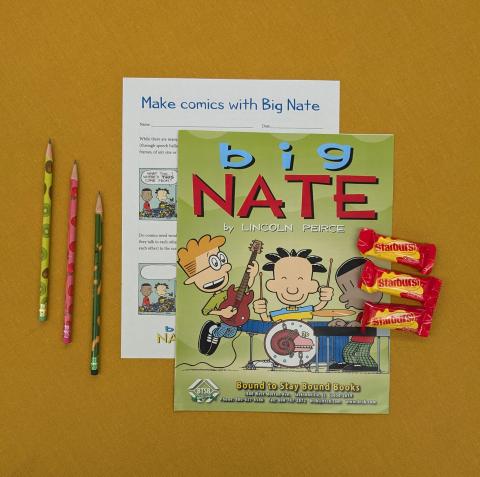 Candy, pencils, and a Big Nate poster and activity sheets.