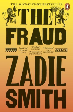 Text: The Fraud by Zadie Smith on a yellow and orange background. Pictured two little lions with a spoon and with a broom