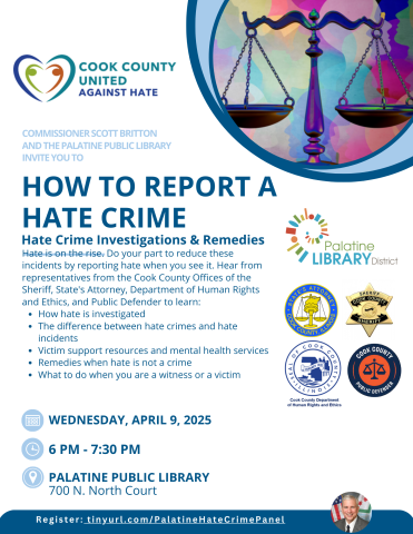 flier for How to Report a Hate Crime with rainbow scales of justice artwork.